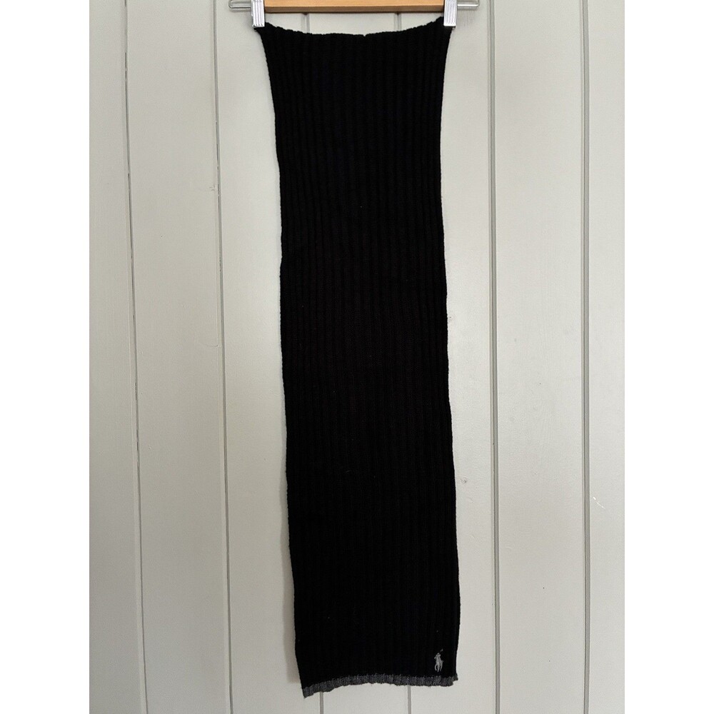 Polo Ralph Lauren Classic Rib Knit Wool Blend Logo Black Scarf  70" x 9"